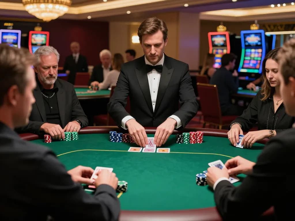 SX88 poker players enjoying high-stakes game at luxurious casino table with dealer shuffling cards