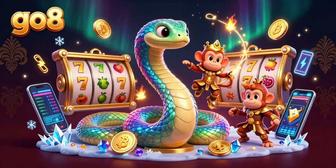 Spin the reels with go8; vibrant casino scene featuring a rainbow serpent and monkey king amidst colorful crypto coins.