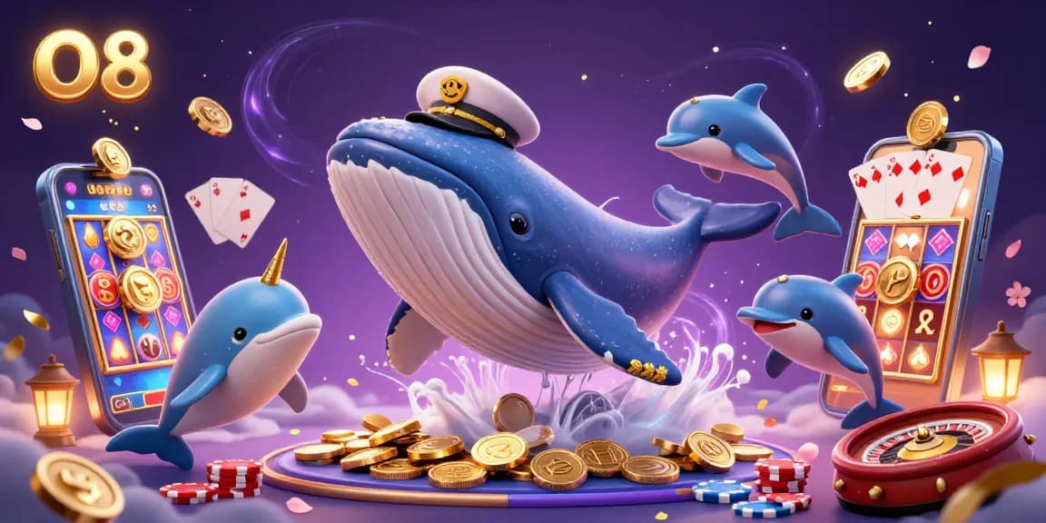 Join the fun with O8 as dolphins flip poker chips and a whale bursts through coins in this lively casino scene.