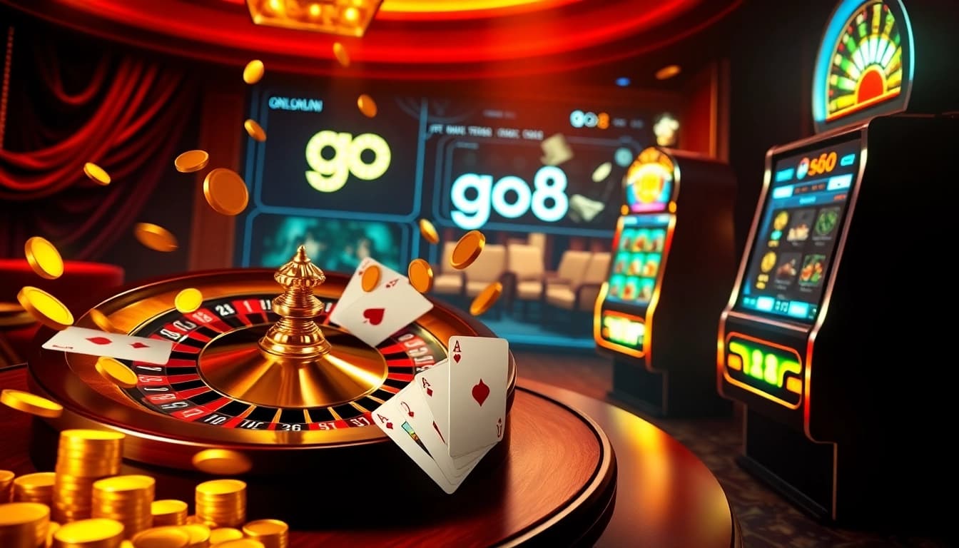 Exciting casino scene featuring go8 elements with roulette, cards, and vibrant slot machine.