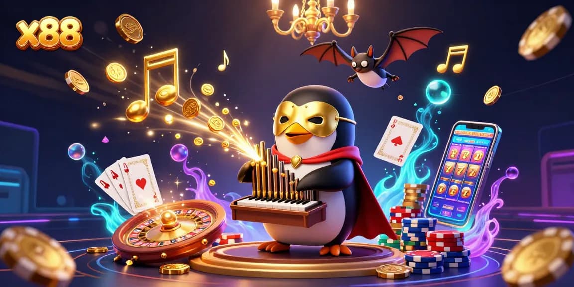 X88 penguin playing an organ with golden coins; an engaging casino illustration.