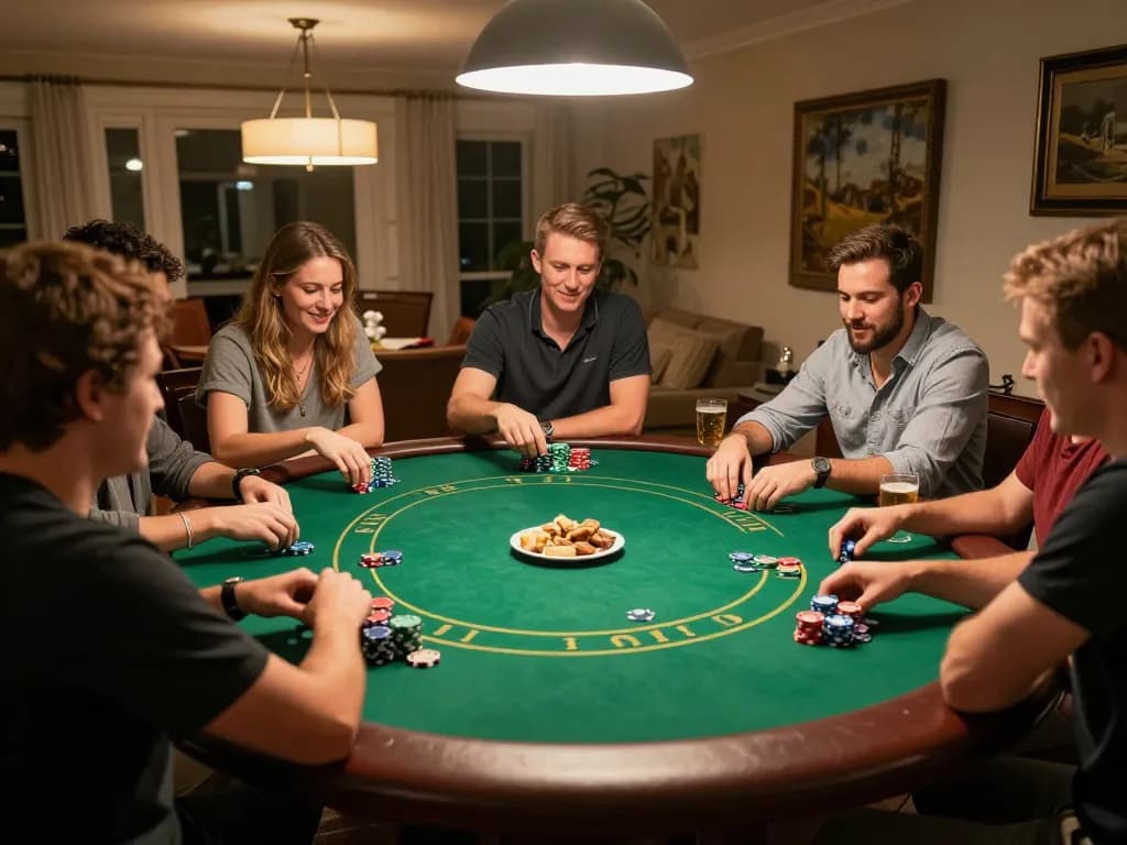 Dabet players enjoying an exciting home poker night with colorful chips and friendly strategy discussions.