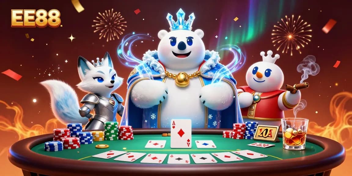 Experience EE88 excitement with a dynamic polar bear and snow fox in a vibrant casino scene.