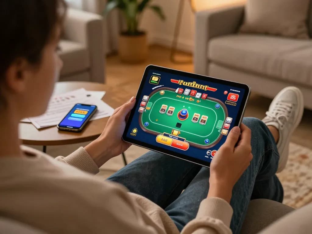 Player enjoying online poker on tablet using 888b app with strategic notes visible