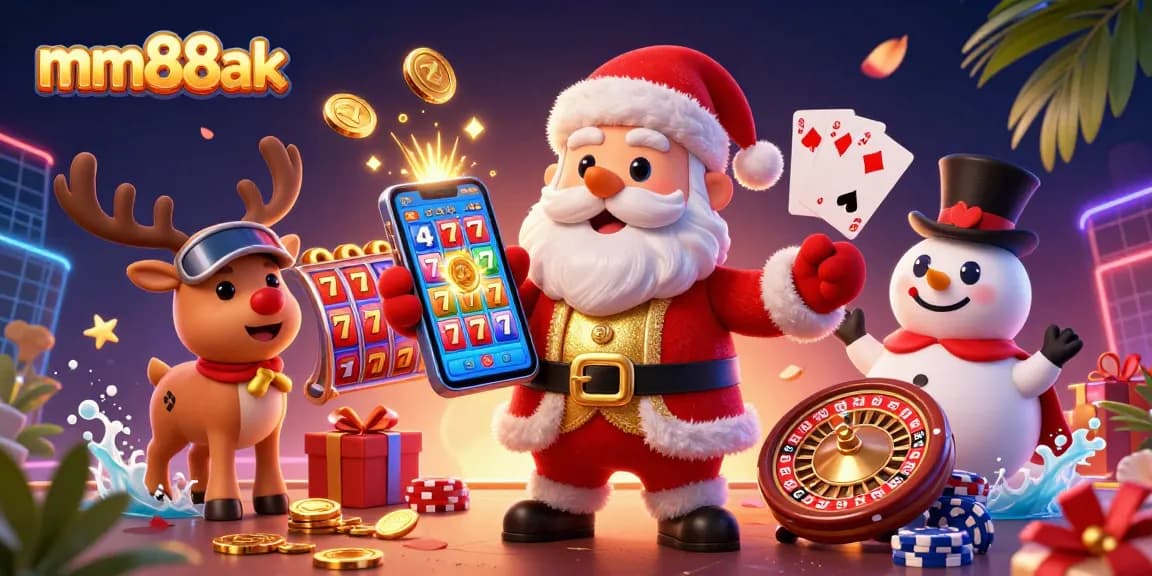 Experience the jackpot excitement at mm88ak with Santa and friends in a colorful casino scene.