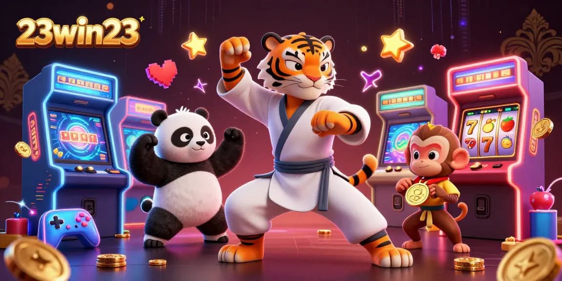 Experience thrilling gameplay at 23win23 with animated characters amidst vibrant 3D casino games and elements.