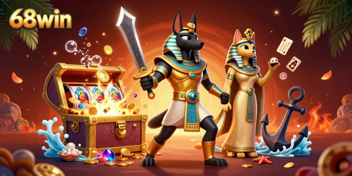 Experience thrilling gaming at 68win with Anubis and Bastet within a lush casino adventure.