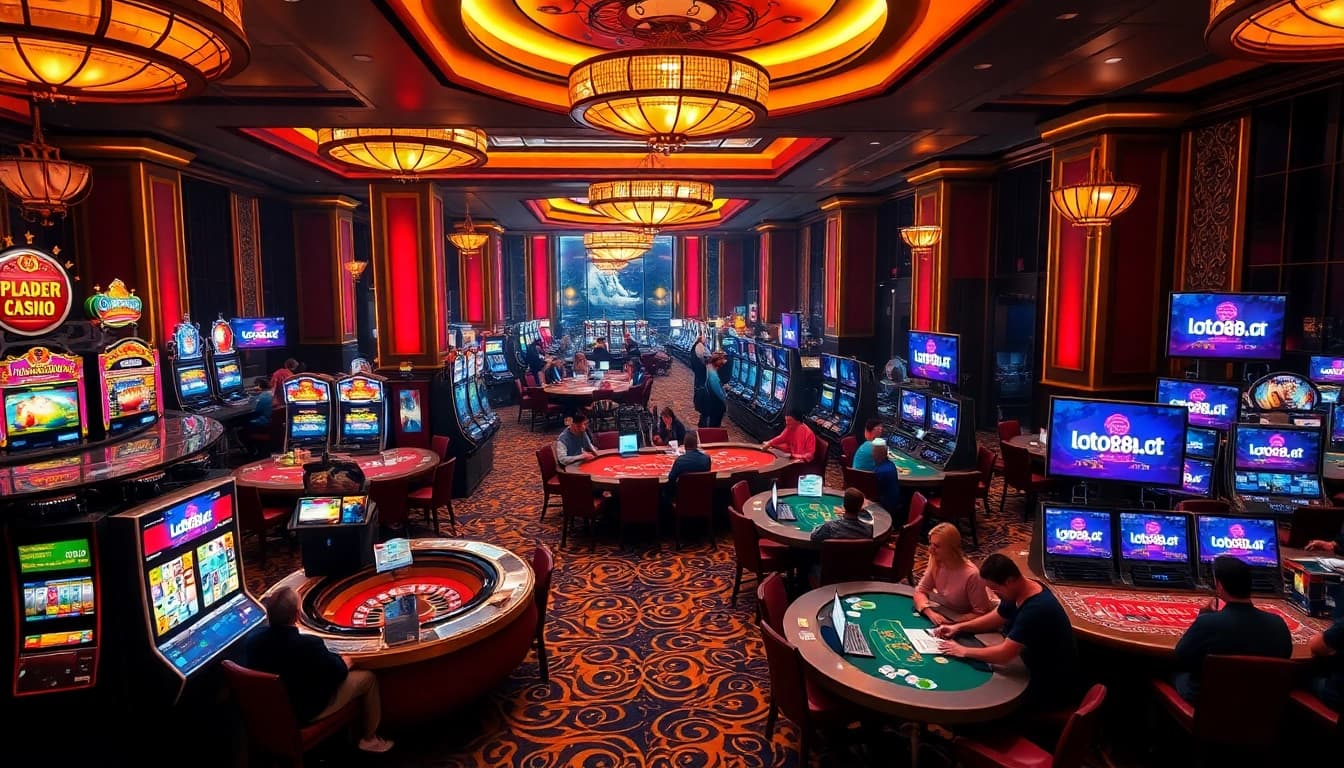 A vibrant casino scene with players enjoying games at loto188.gb.net, featuring slot machines and roulette wheels.