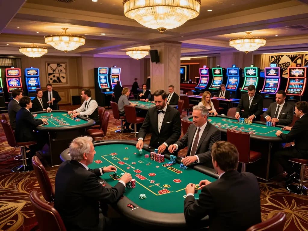 Players enjoying blackjack at MM88 casino, surrounded by a vibrant atmosphere with elegant décor.