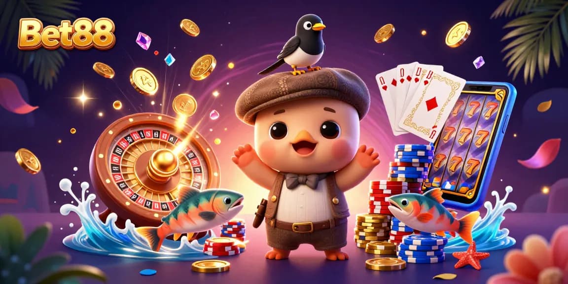 Experience Bet88 excitement with baby Nessie, a magpie, and salmon in a vibrant casino scene.