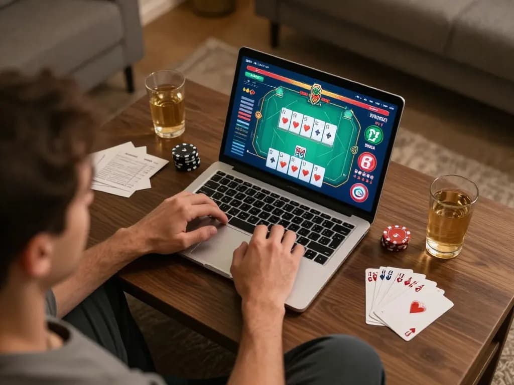 Player engaging with online poker game on red888 platform, showcasing vibrant gaming interface in a cozy setting.