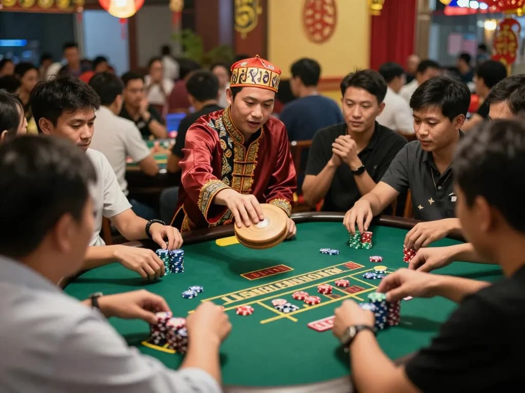 Xóc đĩa game featuring players engaged in intense betting and a focused dealer amidst a vibrant casino atmosphere.