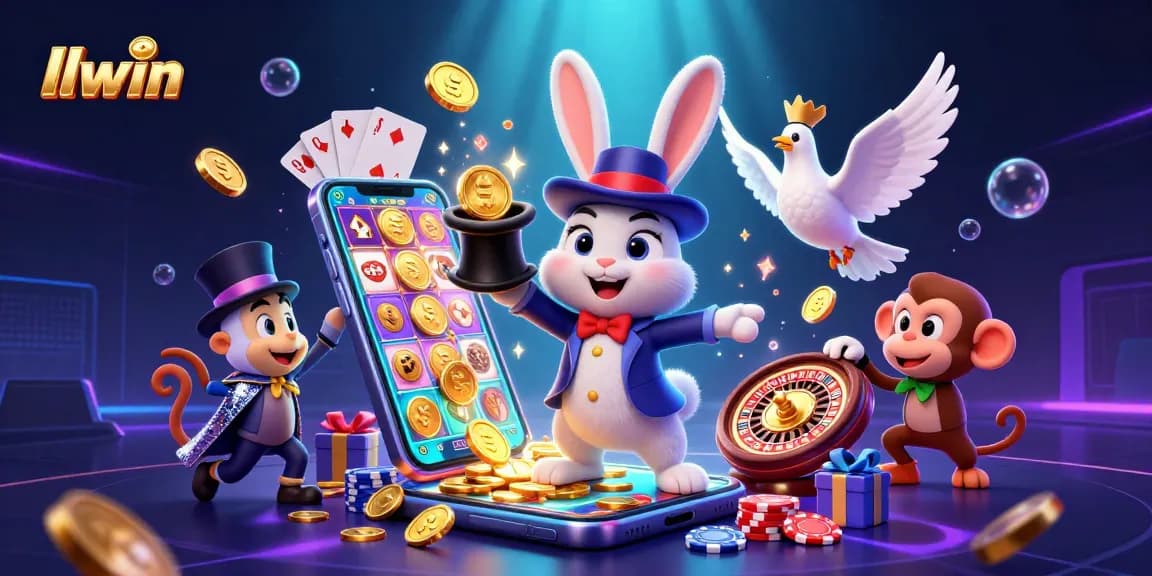 Experience the thrill of LLWIN with the magician rabbit, golden coins, and poker chips in this vibrant scene.