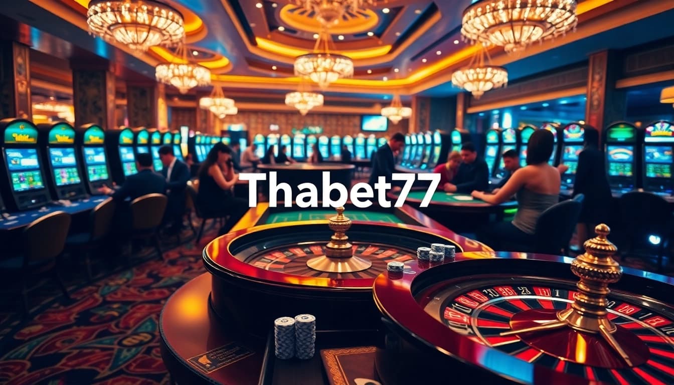 Experience excitement at Thabet77 with vibrant casino scenes featuring high-stakes poker tables and dynamic slot machines.