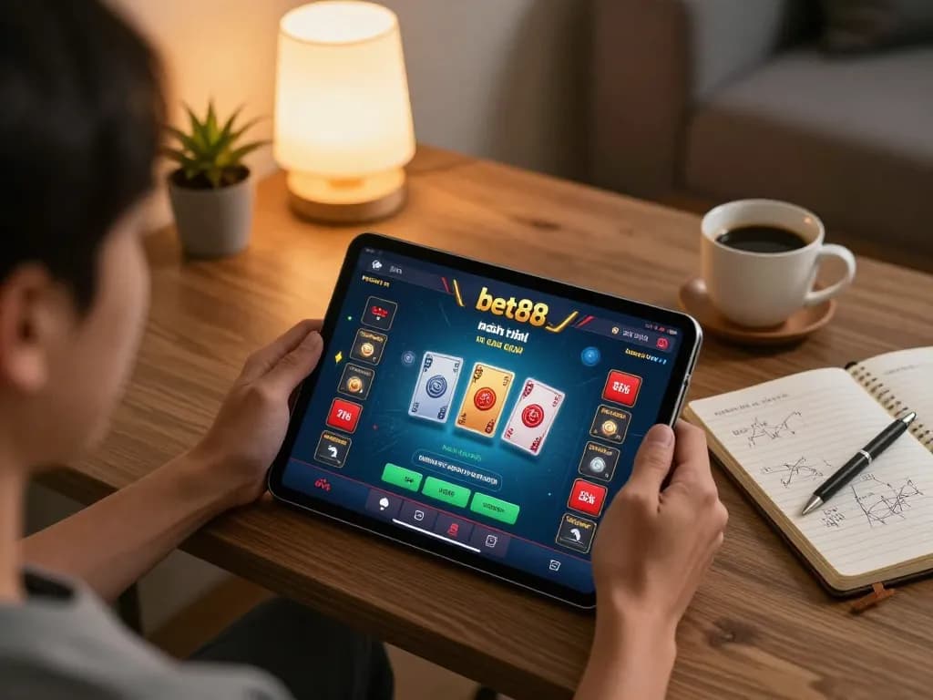 Engaged player exploring betting options at nhà cái bet88 on tablet in cozy living room.