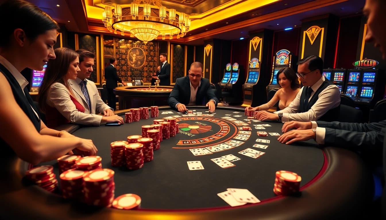 Exciting gaming atmosphere at Hitclub đổi thưởng with vibrant casino tables and poker action.