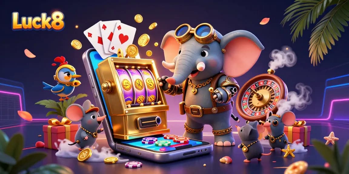 Luck8 casino scene with a steampunk elephant and slot gaming chaos for an engaging online gambling experience.