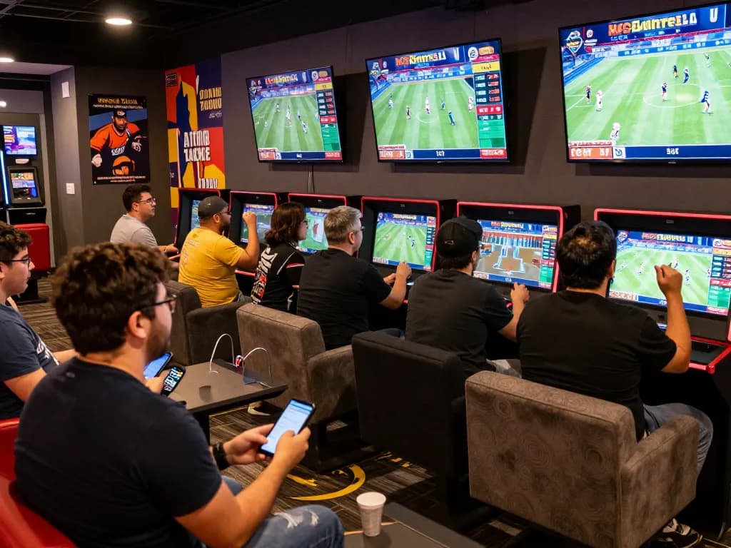 Engaging patrons placing bets during live sports events, featuring ผลบอล updates on screens.