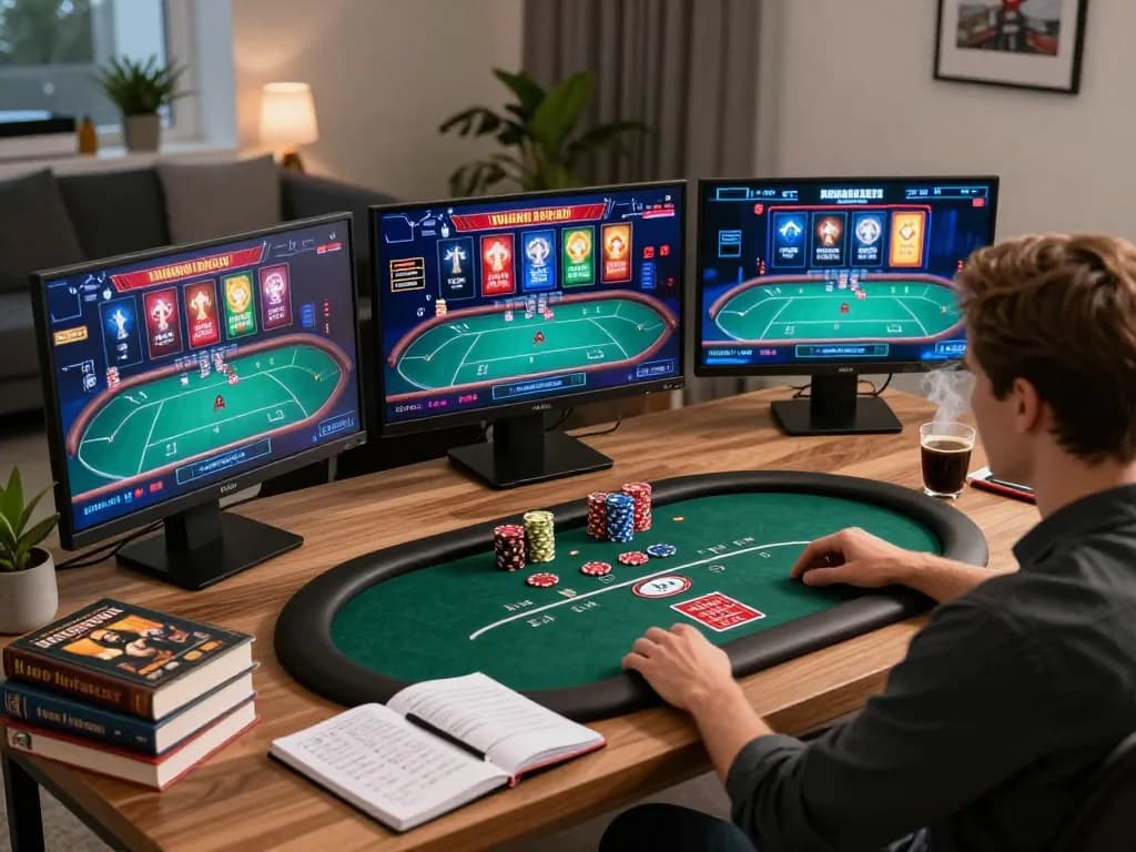 Player enjoying online casino games at home, highlighting fly88 gaming experience and strategic approach.