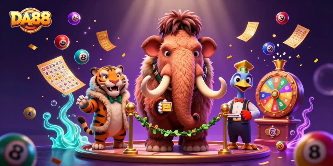 Engage with DA88's vibrant casino scene featuring a woolly mammoth bouncer and a saber-tooth VIP in a dynamic illustration.