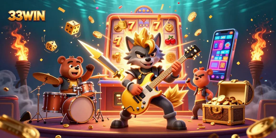 Experience an exciting jackpot burst at 33WIN with a rock star wolf and drummer bear in a vibrant casino scene.
