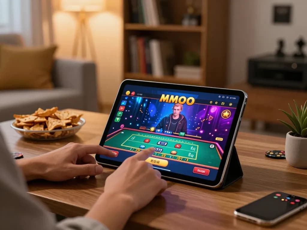 Player using MMOO app for online casino gaming on a tablet in a cozy home environment.