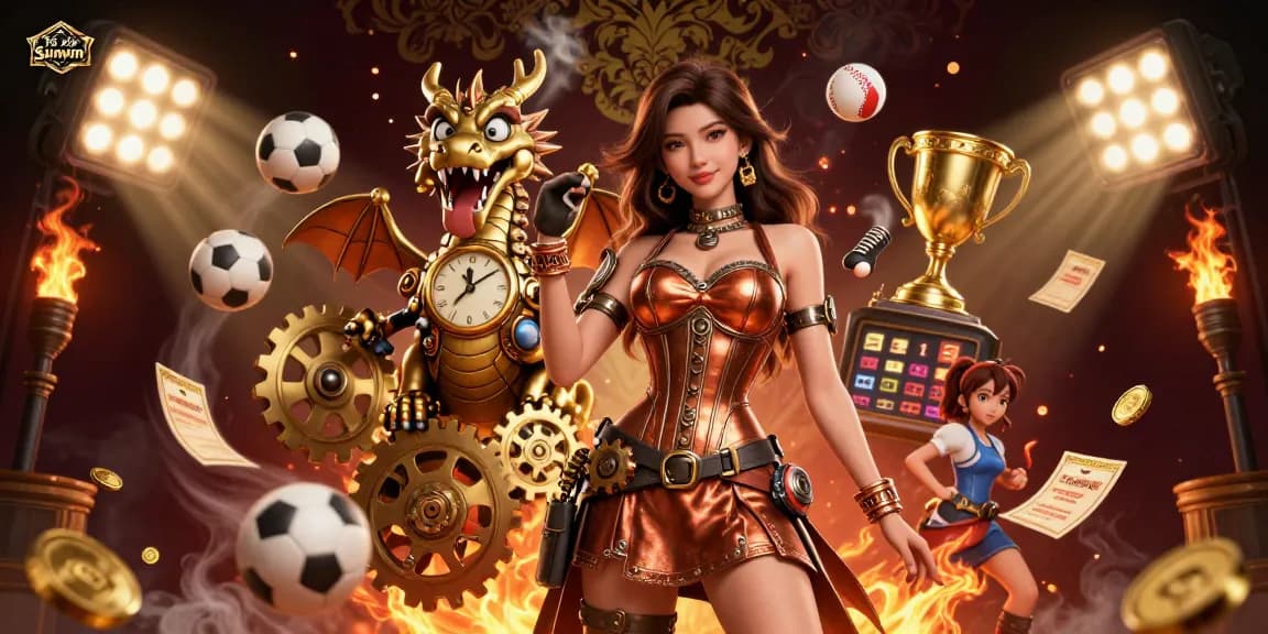 Tài xỉu Sunwin dynamic scene with a stunning character, sports elements, and vibrant casino atmosphere.