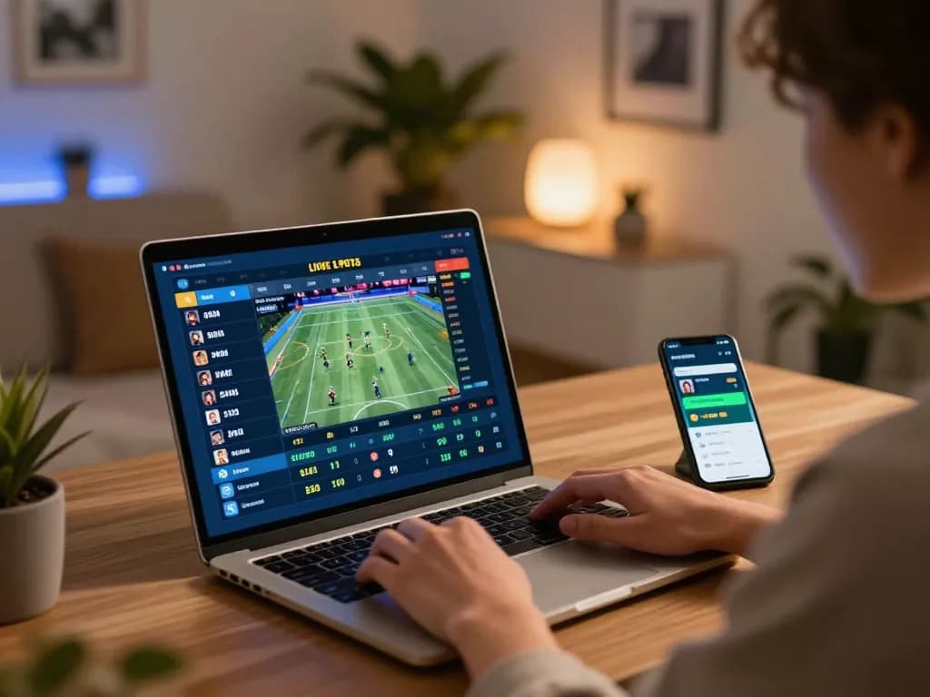 Bongdallu user engaging in live sports betting on a laptop with real-time odds, dynamic gaming setup.