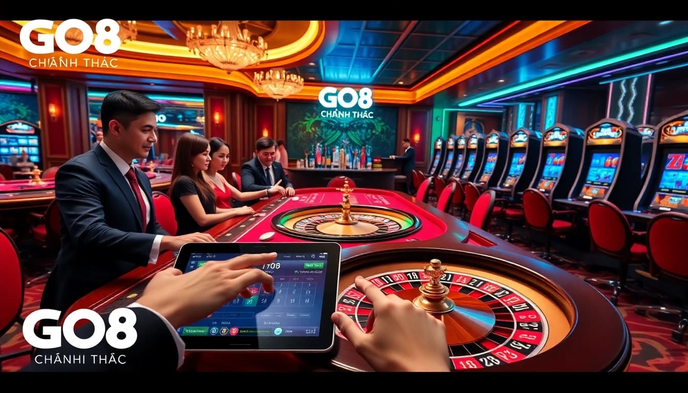 Players engaging at a casino table underGO8 CHÍNH THỨC branding, highlighting luxury gambling experience.