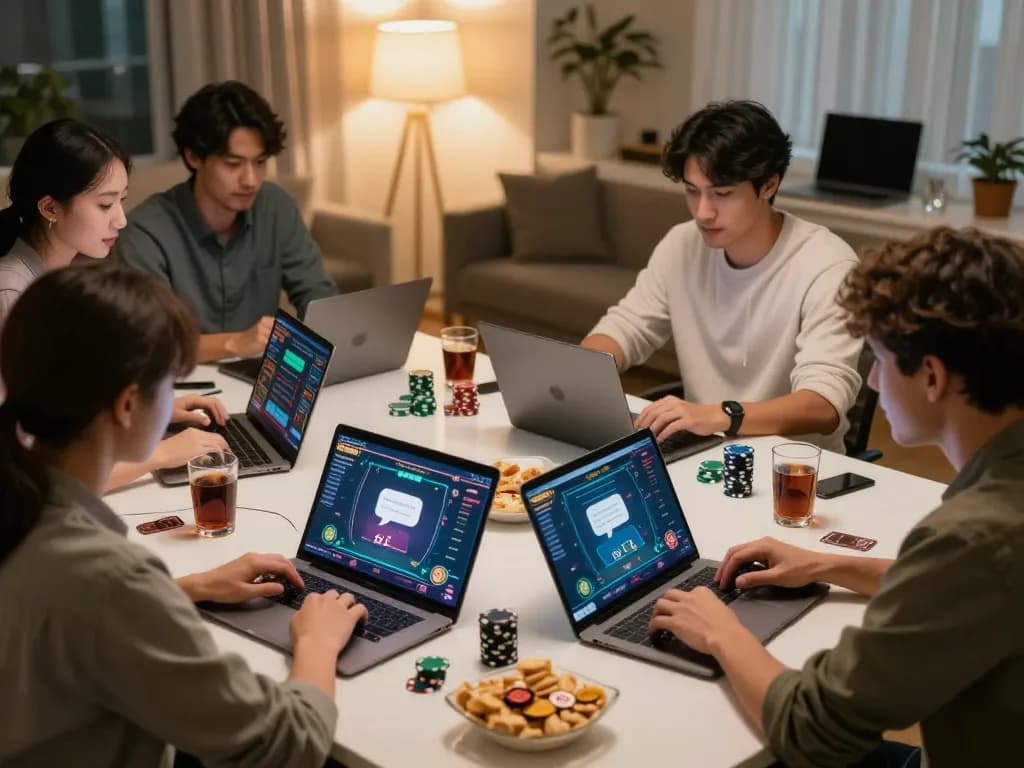 Players enjoy an online poker game using laptops during a cozy night in, showcasing 78wind's dynamic interaction.