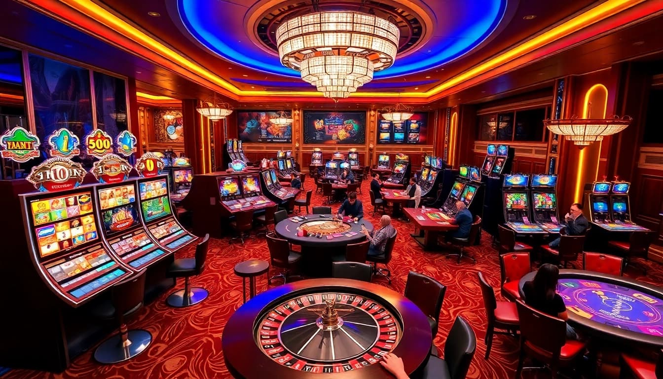 Engaging online casino action at https://open88.bid/ showcasing vibrant slot machines and poker tables.