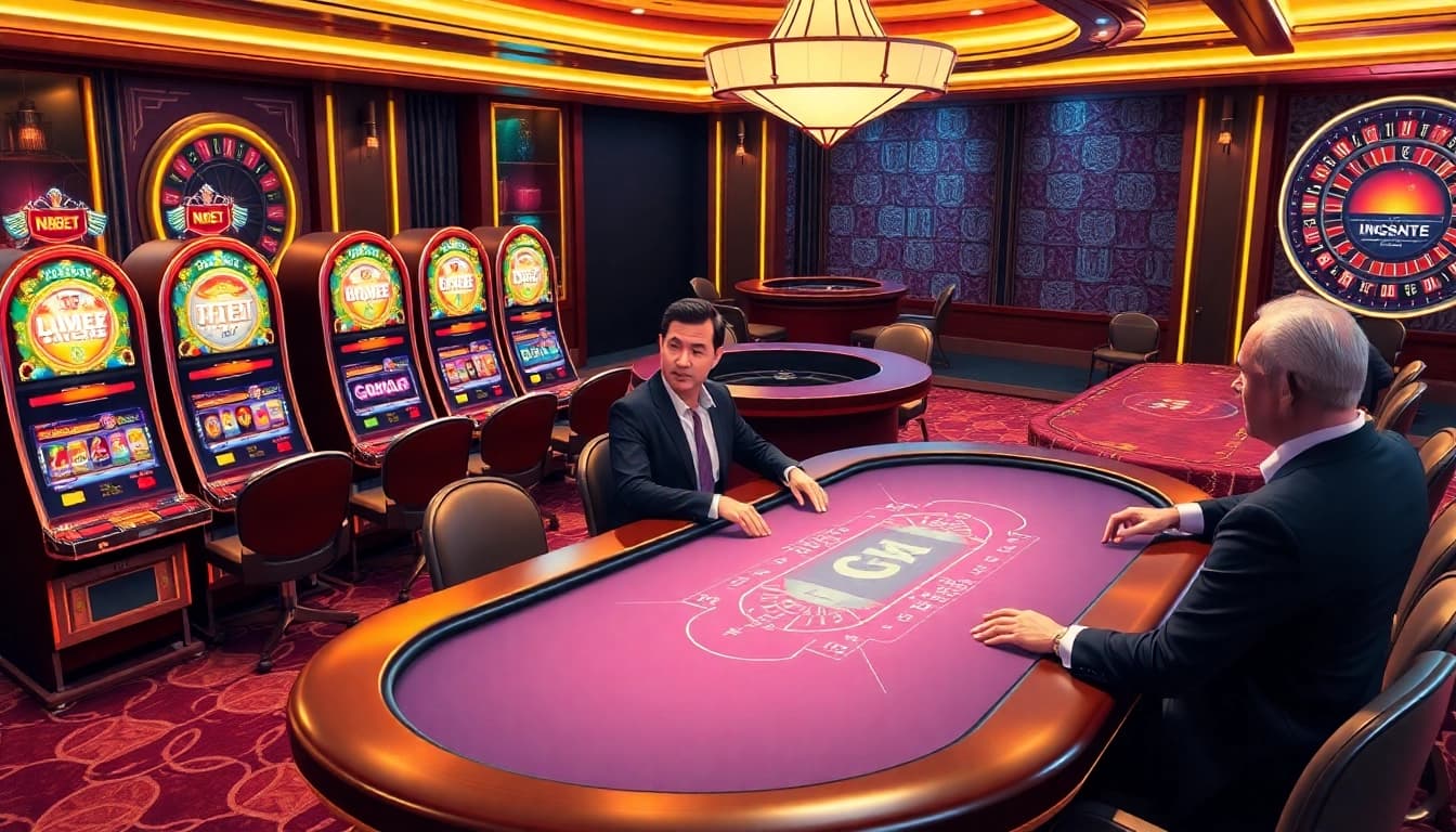 Experience thrilling play at nk88bet.org with vibrant slot machines and an elegant poker table.