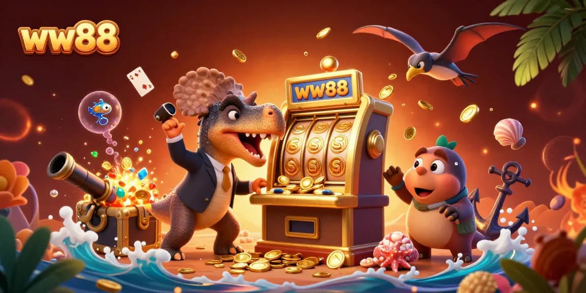 Experience thrilling gameplay at ww88 as a dinosaur interacts with a jackpot slot machine, surrounded by dynamic casino elements.