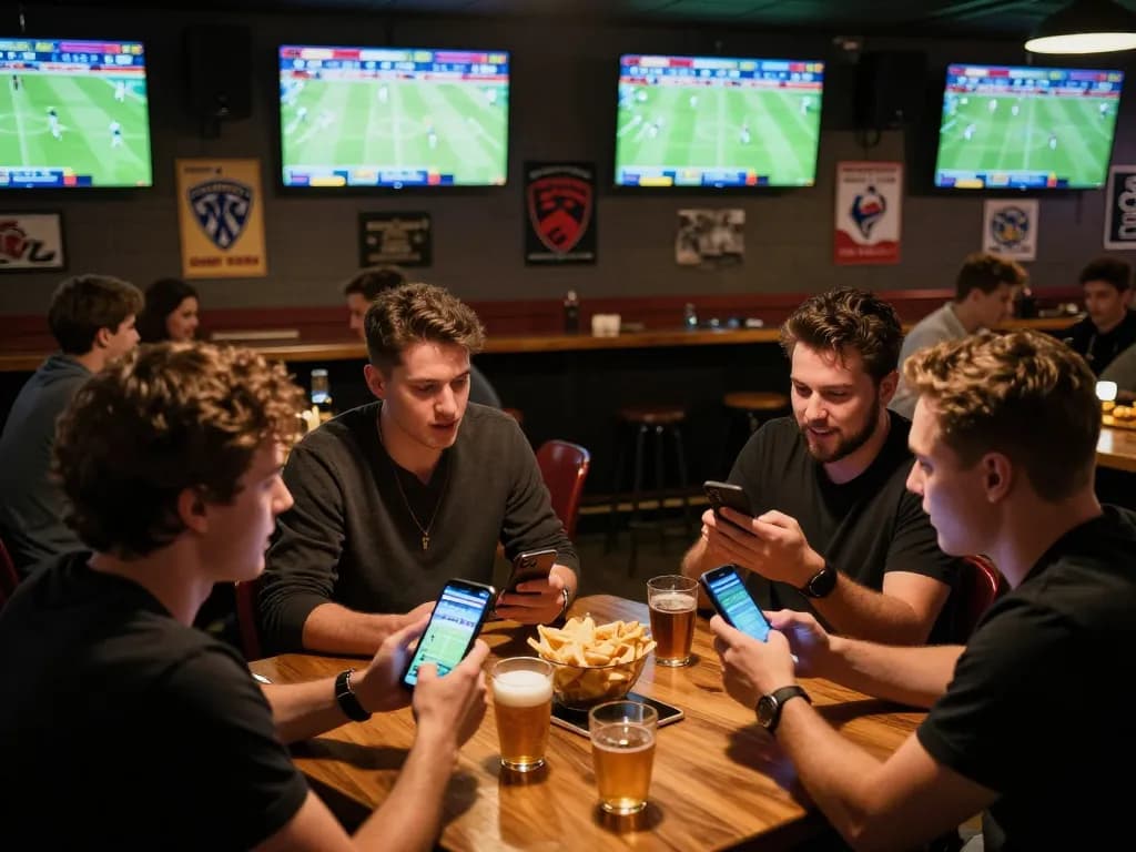 Engaged bettors analyzing kèo nhà cái in an energetic sports bar setting with multiple screens