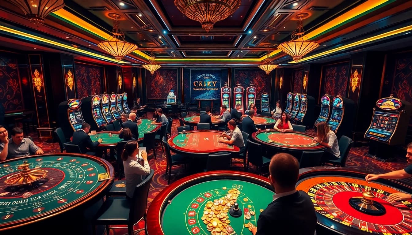 Feel the thrill of winning at okfun.cn.com with a vibrant casino scene featuring gaming tables and players.