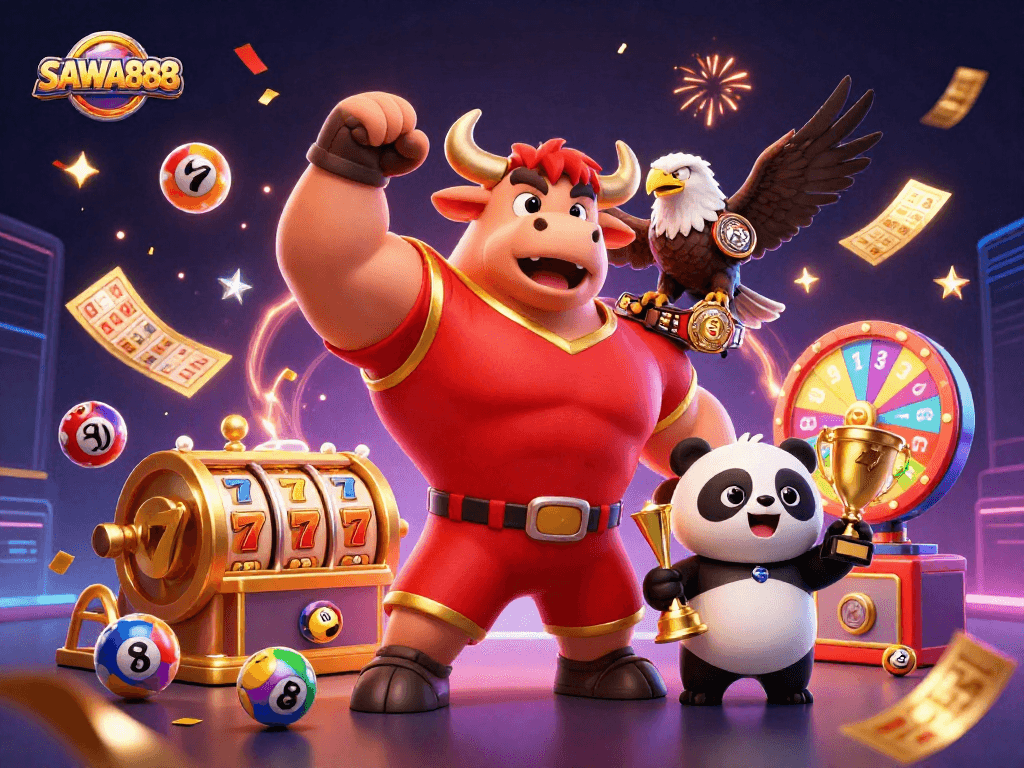 SAWA888 brings excitement with a muscular bull, eagle, and panda celebrating amid slot reels and lottery balls.