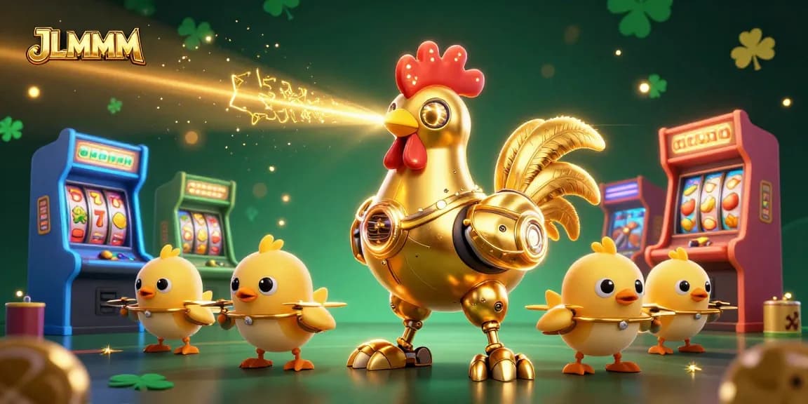 Engage with JLMMM's dynamic 3D casino adventure featuring golden rooster robot and game elements