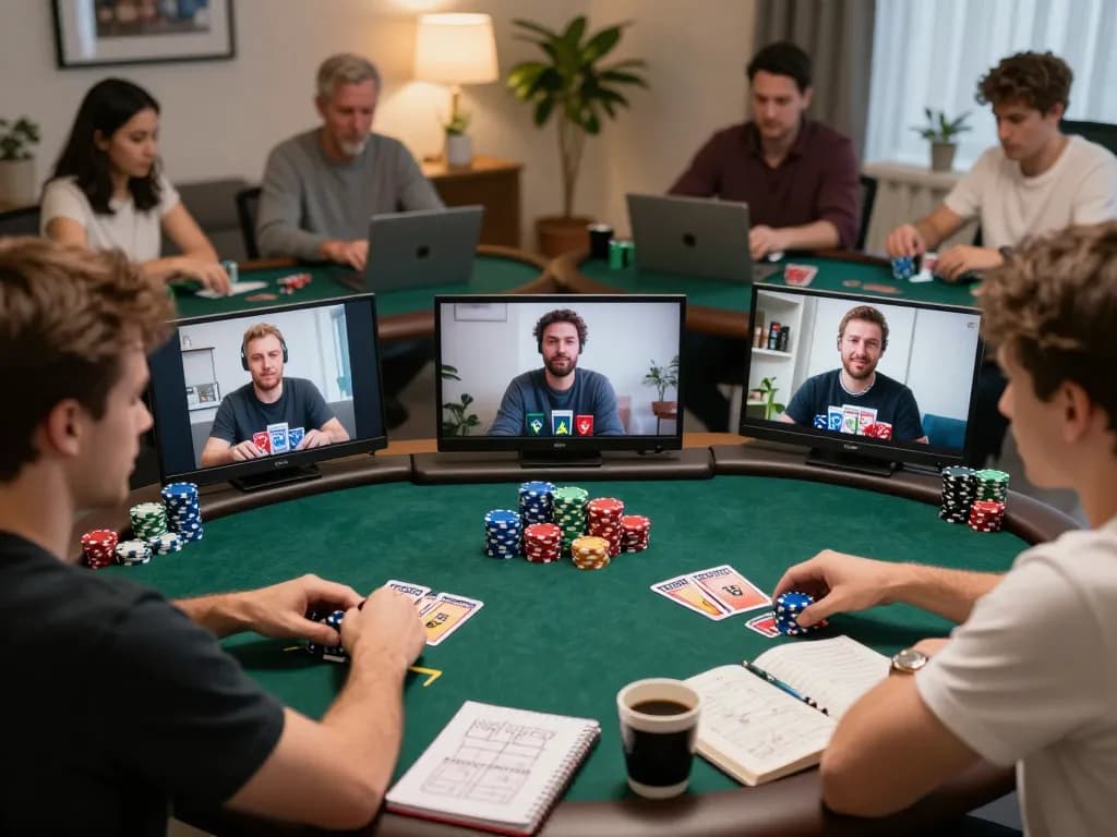 Players engaging in a friendly online poker game at vu88, showcasing chips and strategy notes.