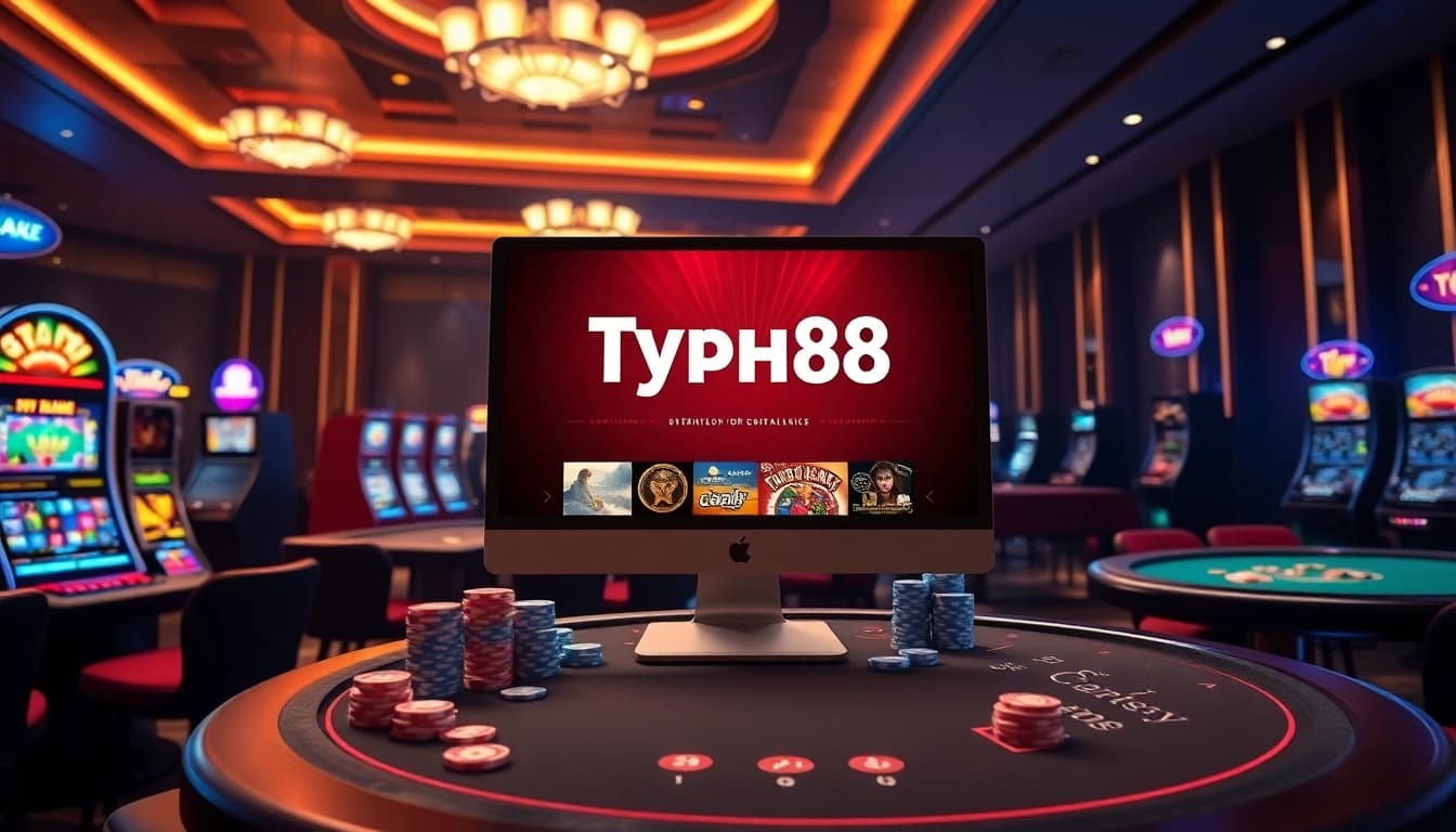 Experience the thrilling Typhu88 online gambling scene filled with vibrant slot machines and poker chips.