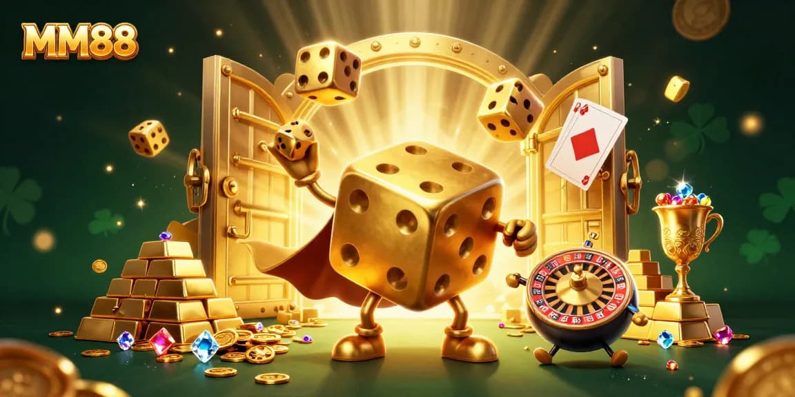 Experience the excitement of MM88 with golden dice golem and treasures in a vibrant casino scene.