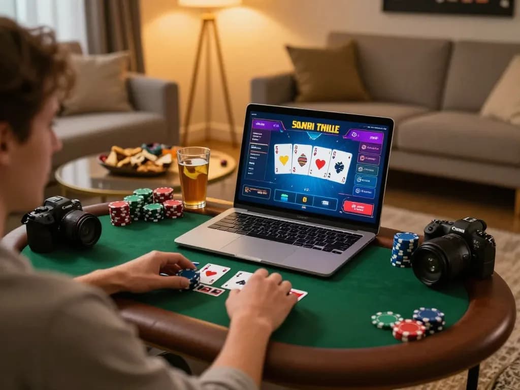 Person expertly strategizing in an online poker game at fly88, showcasing a laptop with vibrant graphics.