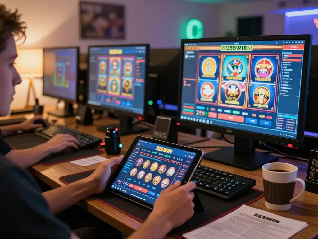 Engaging gameplay on 555WIN casino app in a cozy home setting showcasing strategic betting.