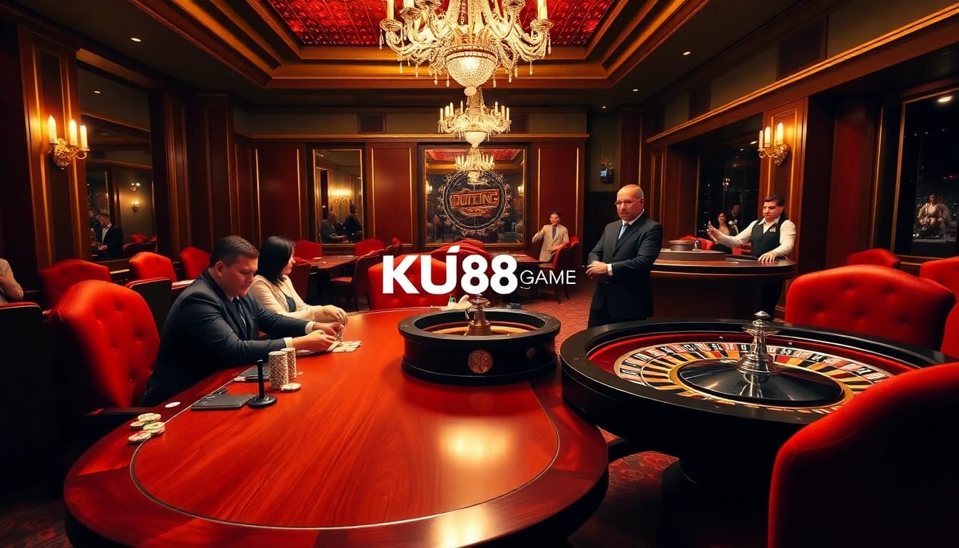 Engaged players enjoying their session at Ku88game poker table, surrounded by vibrant casino elements.