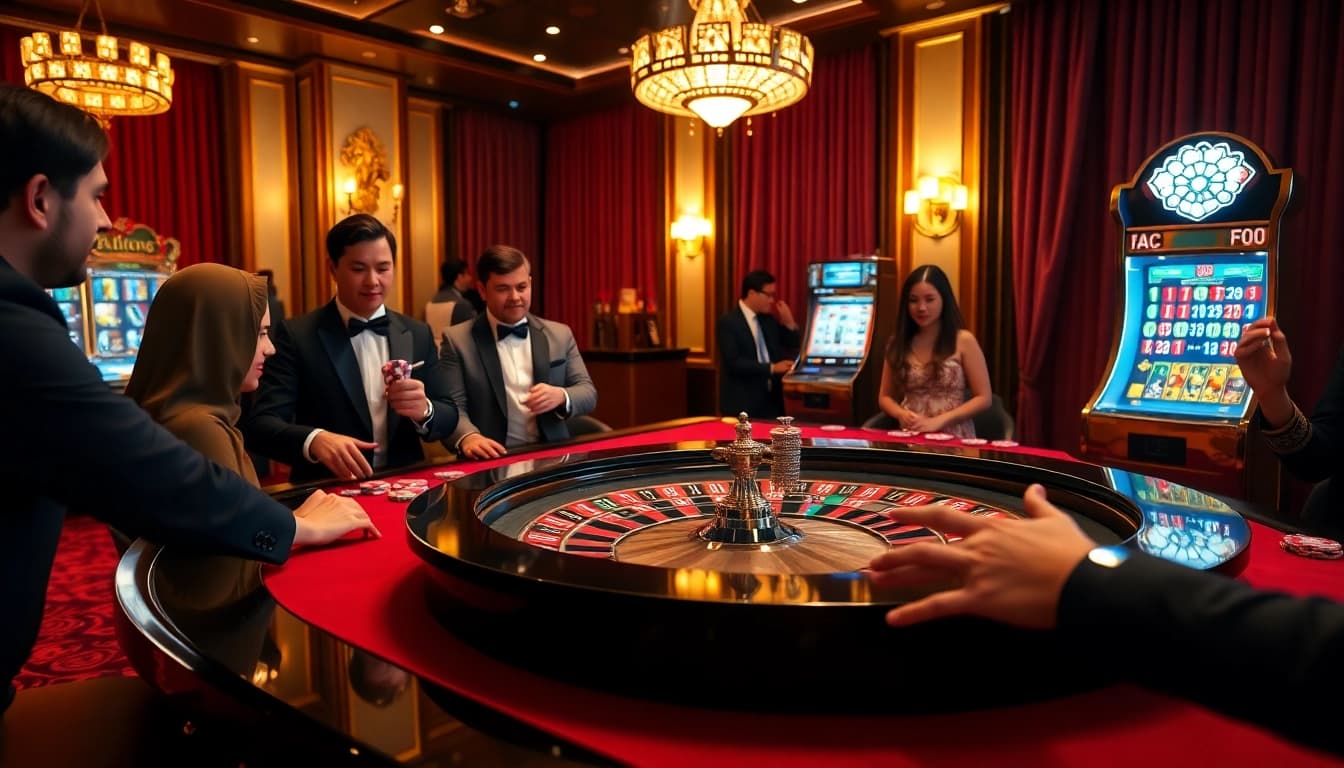 Players enjoying a high-stakes game at 69vn.com casino with vibrant poker chips and roulette wheel.