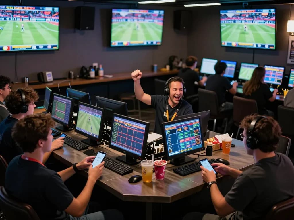 Excited fans placing bets on 188bet while watching live sports in a dynamic lounge.