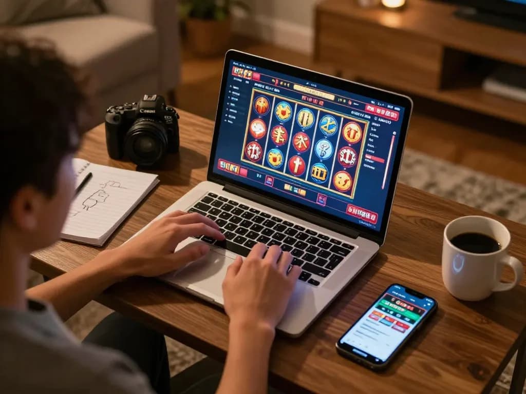 Player engaging in online gaming at home with TR88 casino app visible on laptop screen