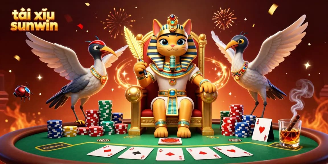The scene showcases tài xỉu sunwin with a pharaoh cat, poker elements, and vibrant celebration effects.
