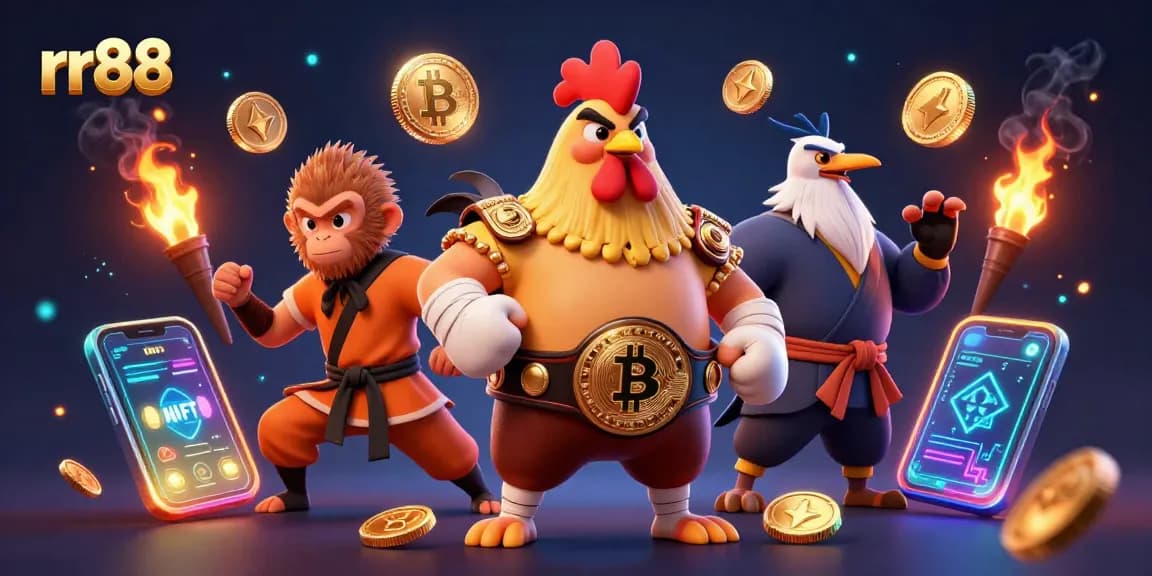 Experience rr88 thrilling gaming action with vibrant characters and dynamic cryptocurrency elements.