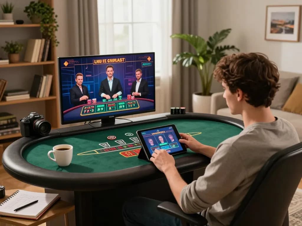 EE88 online gaming scene featuring a player engaged in live dealer blackjack with strategic notes nearby.