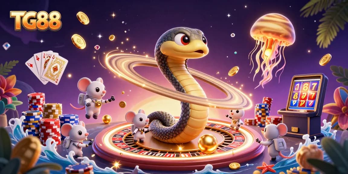 Experience the thrill of TG88 with a vibrant cosmic casino scene featuring roulette wheels and betting mice.